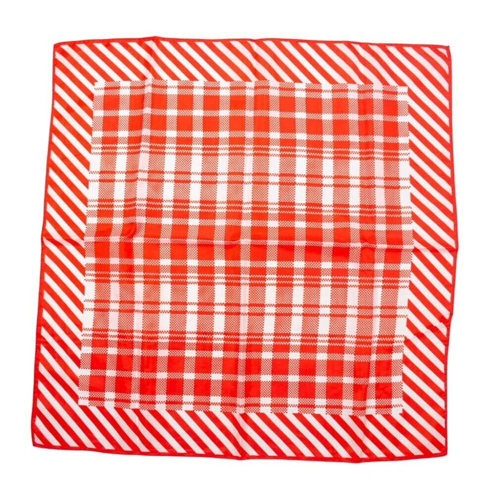 Vintage Red White Checkered Nylon Scarf With Diagonal Stripe Border Made In Japa